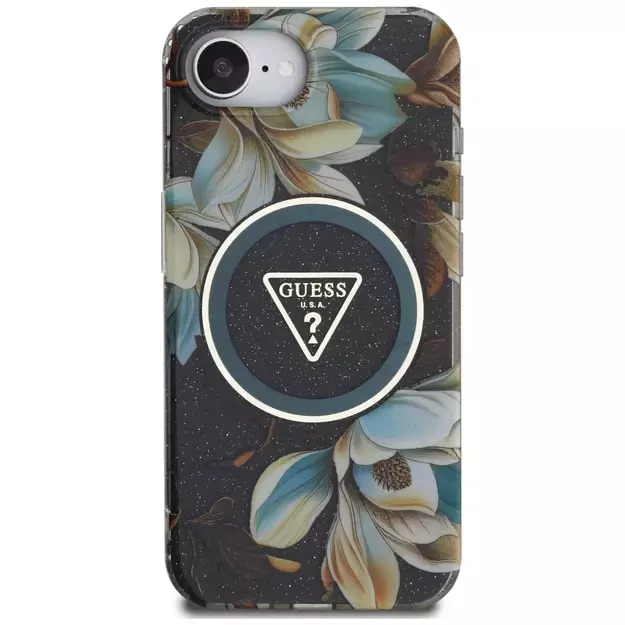 Guess IML Metal Glitter Flowers Triangle MagSafe case for iPhone 16e - black 9