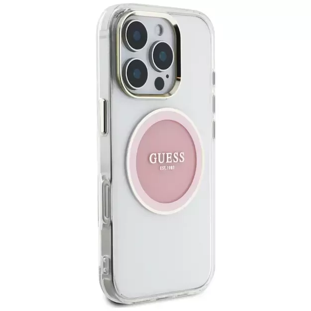 Guess IML Metal Colored Circle Classic Logo MagSafe iPhone 16 Pro Case - Pink 3
