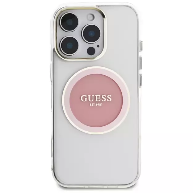 Guess IML Metal Colored Circle Classic Logo MagSafe iPhone 16 Pro Case - Pink 2