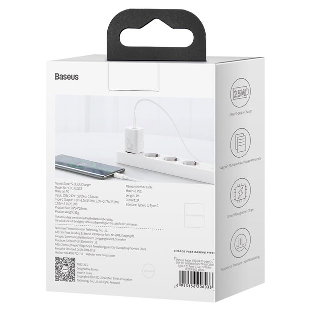 Baseus Si USB-C 25W 3A fast charger with USB-C / USB-C 1m cable - white 5