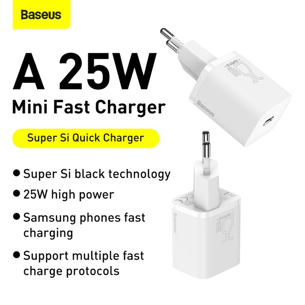 Baseus Si USB-C 25W 3A fast charger with USB-C / USB-C 1m cable - white 12