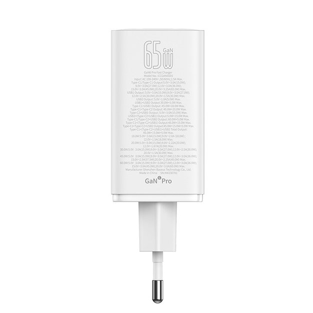 Baseus GaN6 Pro Charger 65W 2 x USB-C 2 x USB-A with Black USB-C Cable 100W 1m - White 6