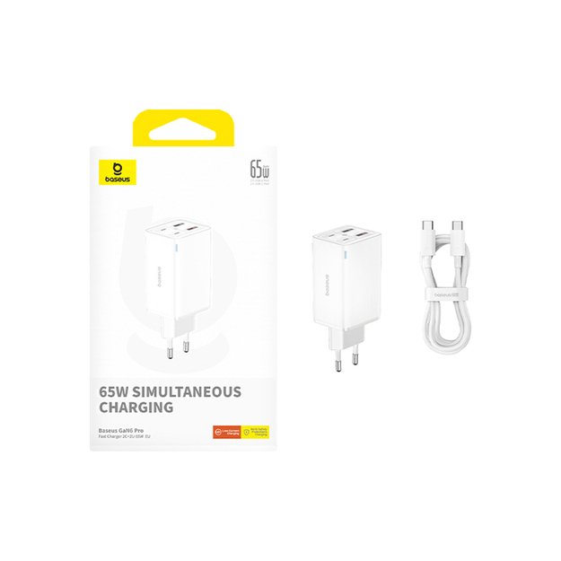 Baseus GaN6 Pro Charger 65W 2 x USB-C 2 x USB-A with Black USB-C Cable 100W 1m - White 9
