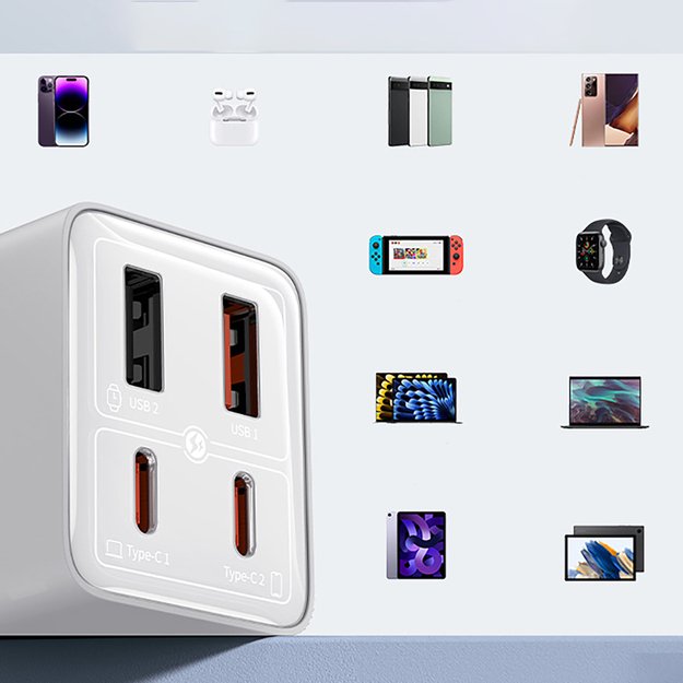 Baseus GaN6 Pro Charger 65W 2 x USB-C 2 x USB-A with Black USB-C Cable 100W 1m - White 14