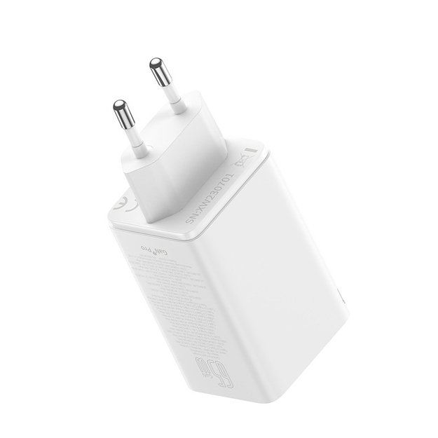 Baseus GaN6 Pro Charger 65W 2 x USB-C 2 x USB-A with Black USB-C Cable 100W 1m - White 3
