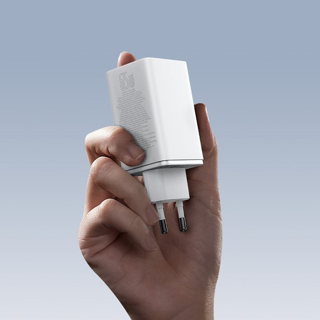 Baseus GaN6 Pro Charger 65W 2 x USB-C 2 x USB-A with Black USB-C Cable 100W 1m - White 12