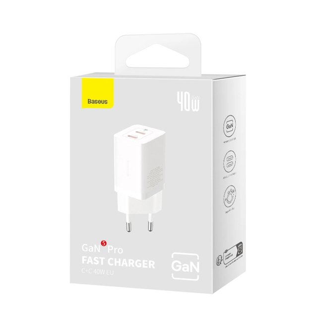 Baseus GaN5 Pro 40W 2xUSB-C Wall Charger - White 6