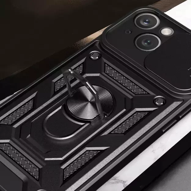 Hybrid Armor Camshield Case with Stand and Camera Cover for iPhone 15 Plus - Black 10