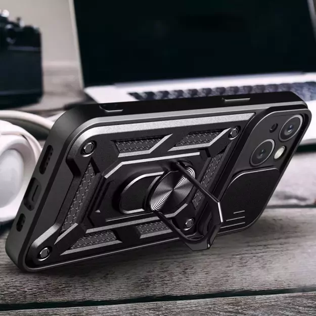 Hybrid Armor Camshield Case with Stand and Camera Cover for iPhone 15 Plus - Black 9