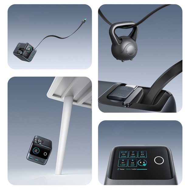 Joyroom Podix JR-TRD01 GaN 140W Desktop Charger with 5 Ports and Dual Retractable Cables - Gray 8