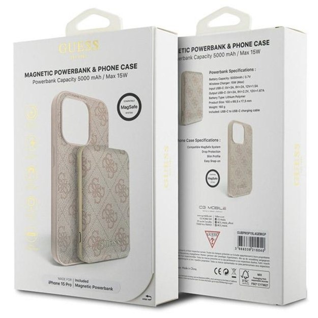 Guess 4G Metal Logo case set for iPhone 15 Pro + 5000mAh MagSafe power bank - pink 10