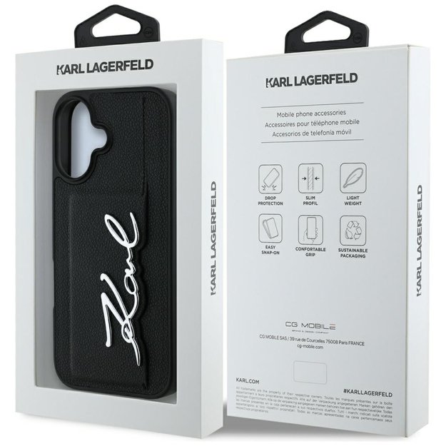 Karl Lagerfeld HC Grained PU Cardslot Metal Signature iPhone 16 Case - Black 7