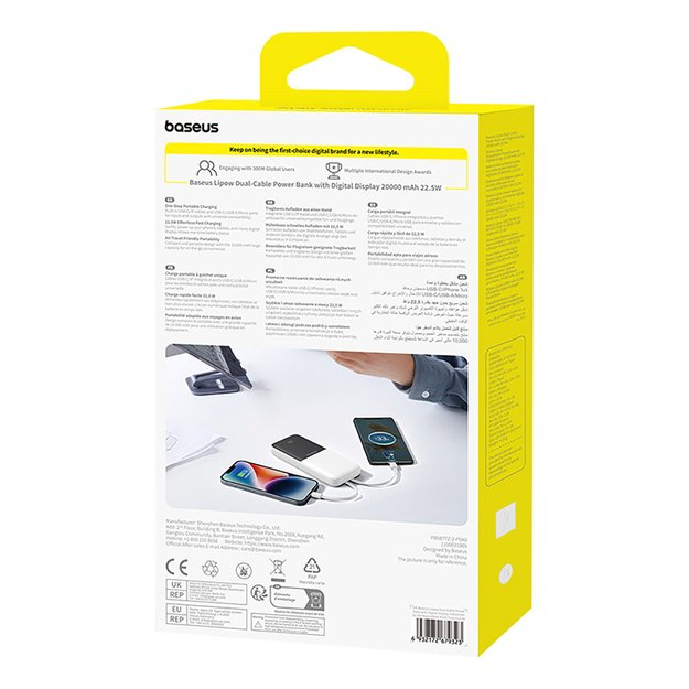 Powerbank Baseus Lipow 10000mAh 22,5W z dwoma wbudowanymi kablami (z kablem Baseus Simple USB-A - USB-C 3A 20cm) - biały 8