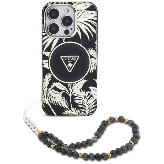 Guess Palm Trees Triangle Pearl Strap MagSafe case for iPhone 16 Pro black 1