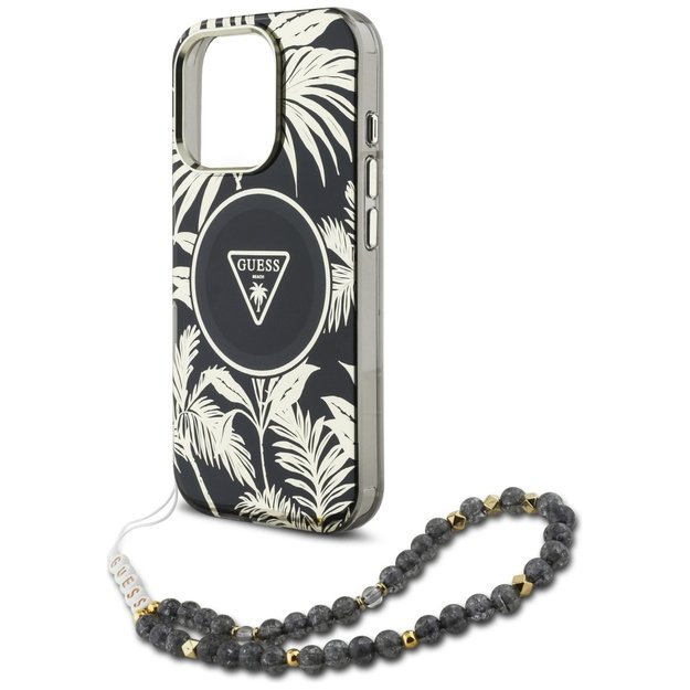 Guess Palm Trees Triangle Pearl Strap MagSafe case for iPhone 16 Pro black 4