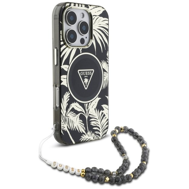 Guess Palm Trees Triangle Pearl Strap MagSafe case for iPhone 16 Pro black 2