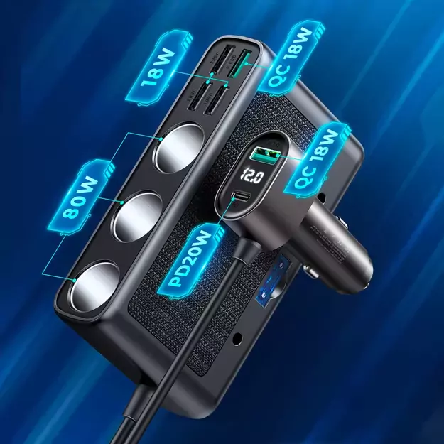 Joyroom JR-CL06 9in1 car charger 154W 5x USB-A / USB-C / 3x cigarette lighter socket PD QC PPS - black 1