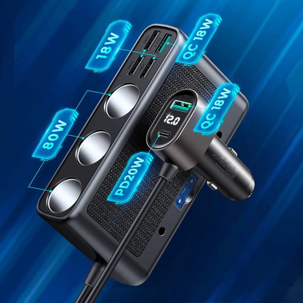 Joyroom JR-CL06 9in1 car charger 154W 5x USB-A / USB-C / 3x cigarette lighter socket PD QC PPS - black 9