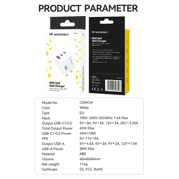 Wozinsky CGWCW 65W USB-A / 2 x USB-C GaN wall charger - white 4
