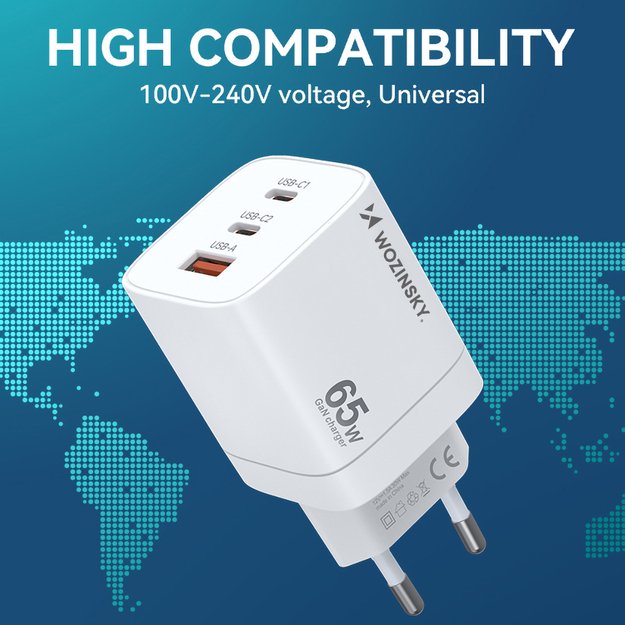 Wozinsky CGWCW 65W USB-A / 2 x USB-C GaN wall charger - white 7