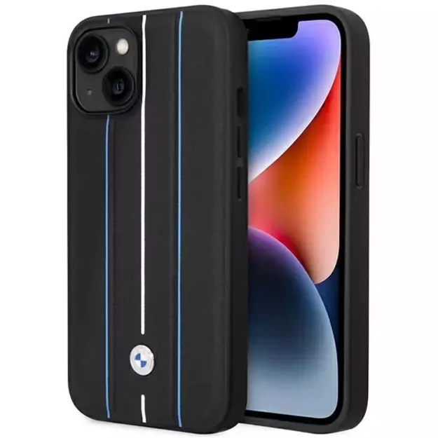 Case BMW BMHCP14S22RVSK iPhone 14 6.1  black/black hardcase Leather Stamp Blue Lines