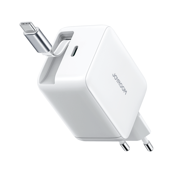 Joyroom JR-TCL06 67W GaN Wall Charger with Built-in Retractable USB-C Cable - White