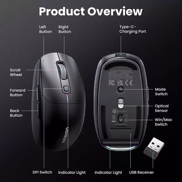 Ugreen MU103 Bluetooth 5.0 computer mouse / 2.4GHz USB receiver - black 5