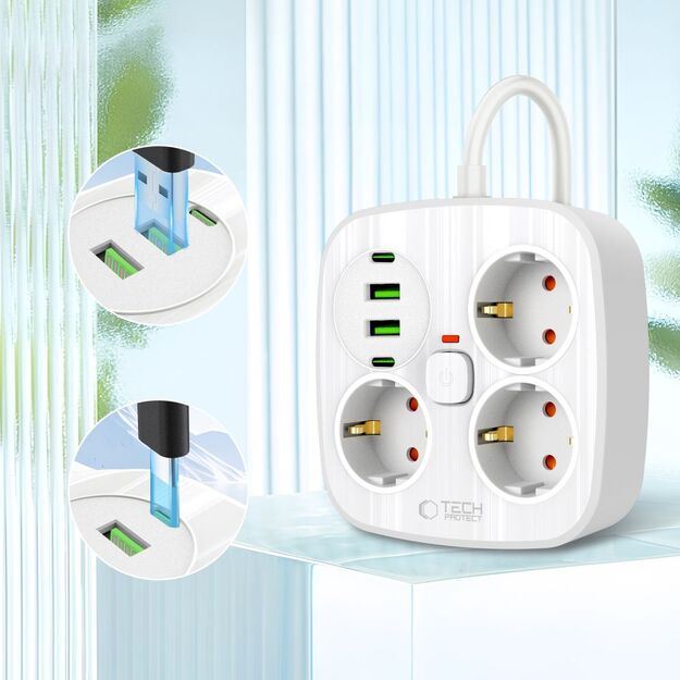 Tech-Protect PCS3X4 power strip, 3 sockets, 2xUSB-A, 2xUSB-C 200 cm - white 2