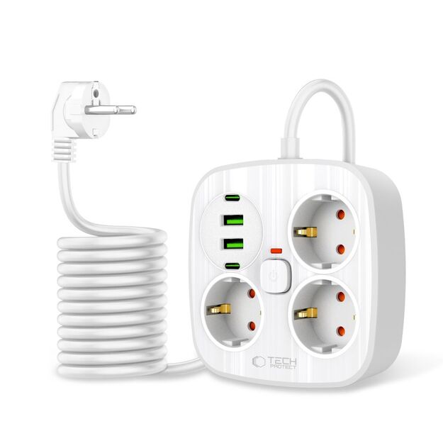 Tech-Protect PCS3X4 power strip, 3 sockets, 2xUSB-A, 2xUSB-C 200 cm - white 1