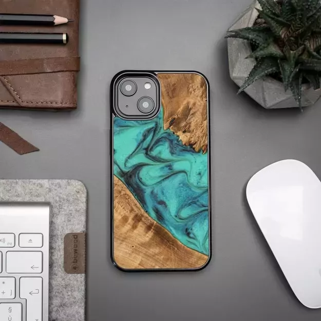 Wood and resin case for iPhone 15 Plus Bewood Unique Turquoise - turquoise and black 5