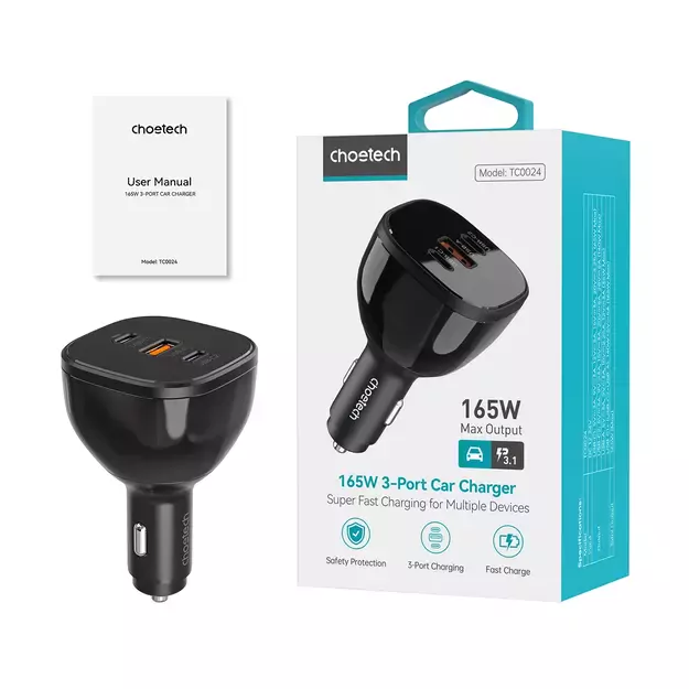 Choetech TC0024 car charger 160W 2x USB-C PD 3.1 1x USB-A - black 2