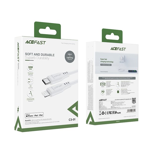 Acefast C3-01 Lightning - USB-C PD cable 30W 3A 480Mb/s 1.2m - white 15