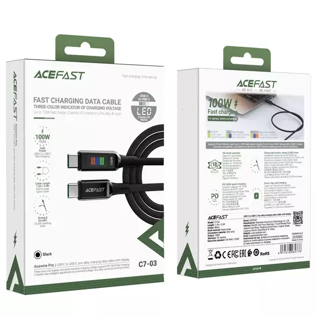 Acefast C7-03 USB-C USB-C 100W 1.2m cable with display - black 12