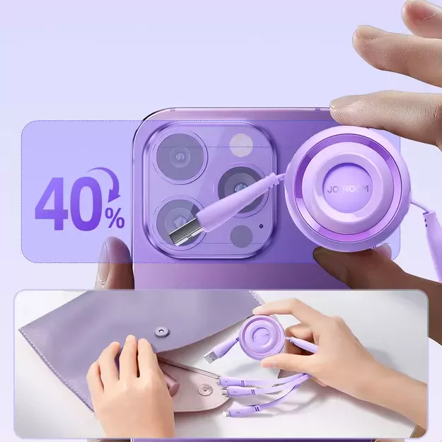 Joyroom Colorful Series S-A40 Cable Retractable 3in1 USB-A - USB-C / Lightning / Micro USB 1m - Purple 6