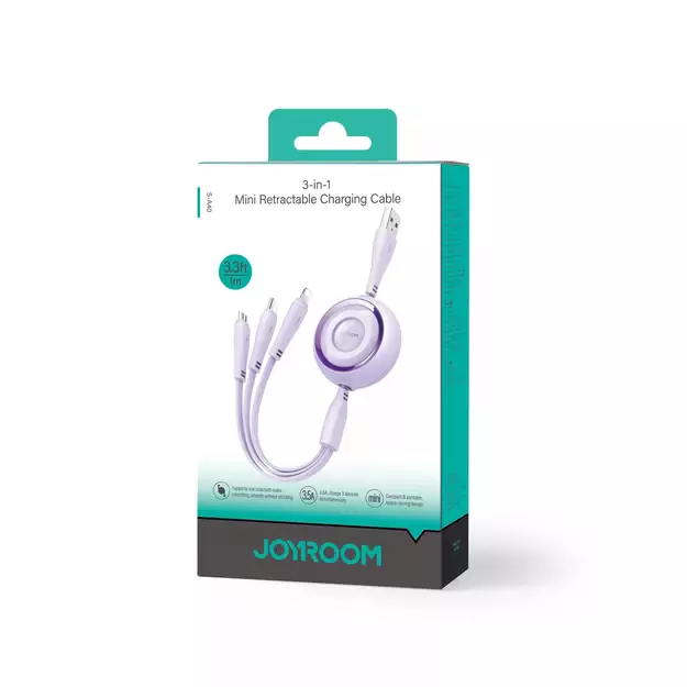 Joyroom Colorful Series S-A40 Cable Retractable 3in1 USB-A - USB-C / Lightning / Micro USB 1m - Purple 3