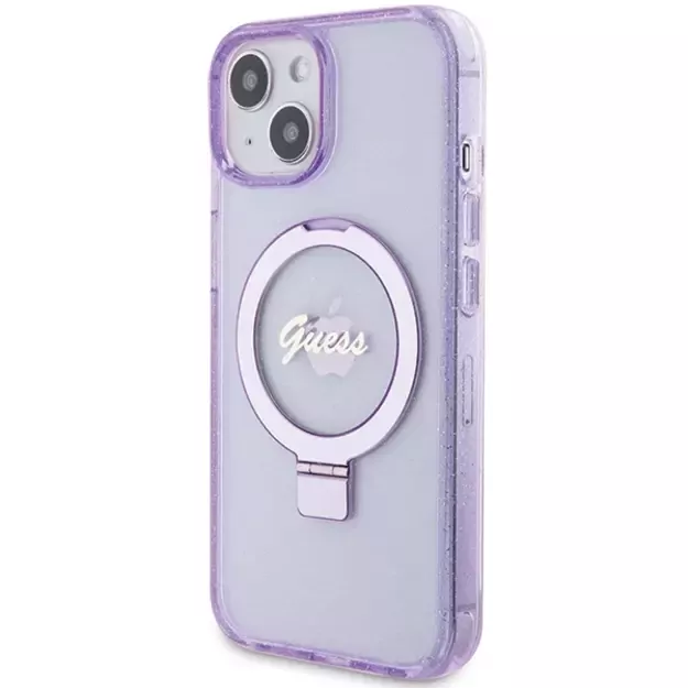 Guess Ring Stand Script Glitter MagSafe case for iPhone 15 Plus / 14 Plus - purple 1