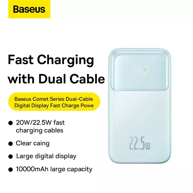 Baseus Comet Series powerbank with display 10000mAh 22.5W - blue + USB-A - USB-C cable 0.3m - white 12