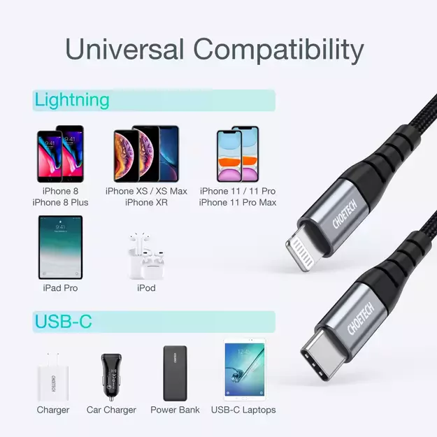 Choetech IP0041 USB-C / Lightning MFi 480Mb/s 3A 2 m cable - black 5