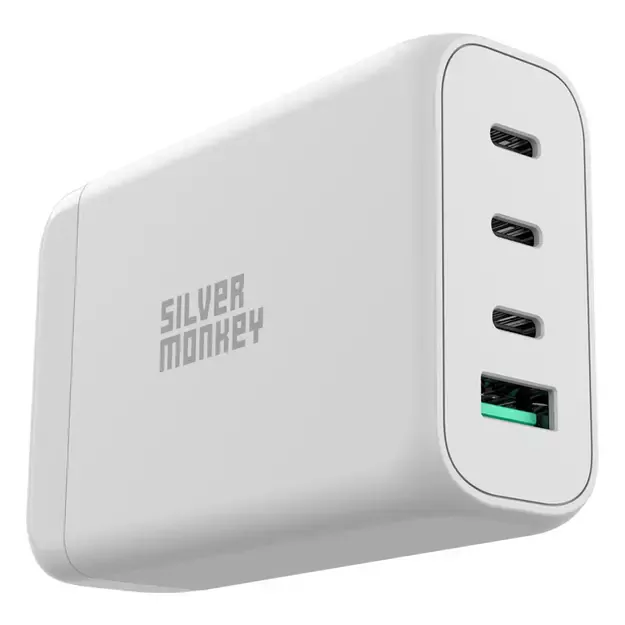 Silver Monkey SMA152 130W GaN charger 3xUSB-C PD USB-A QC 3.0 with detachable power cable - white 1