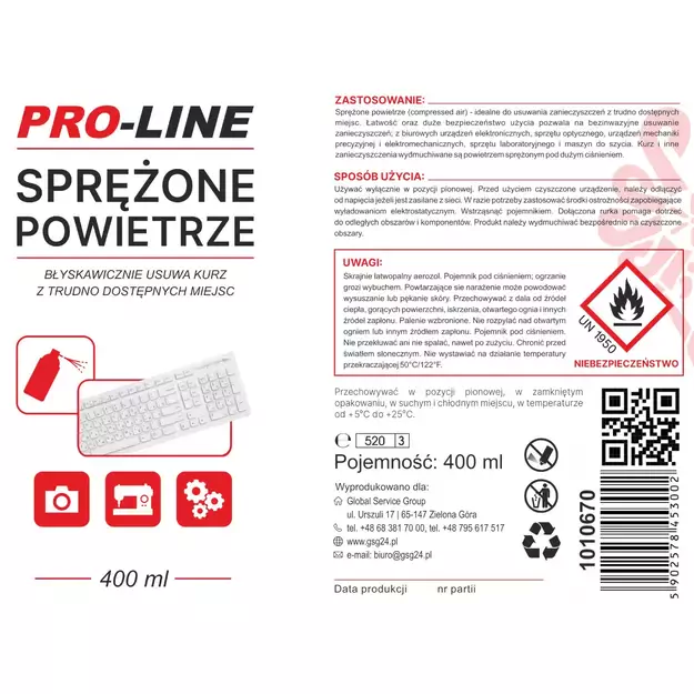 Compressed air for cleaning the electronics of sewing machines PRO-LINE spray 400ml 1