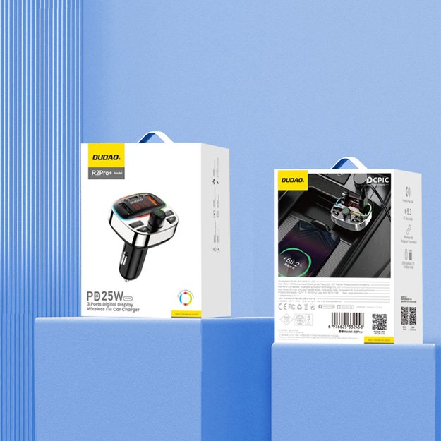 Dudao R2PRO+ Transmitter with PD25W Bluetooth 5.3 RGB Charging Ports - Black and Silver 6
