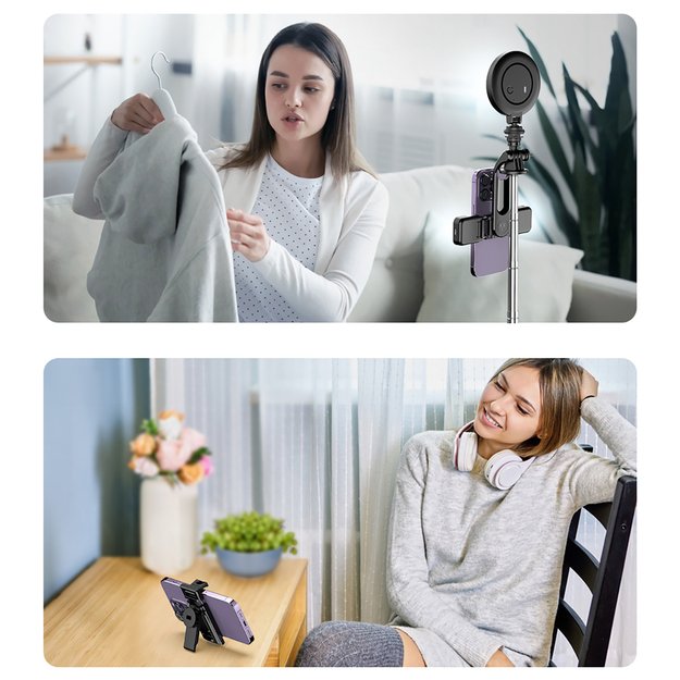 Selfie stick WC13YDS telescopic tripod 1.3m with double lamp and phone holder - black 17