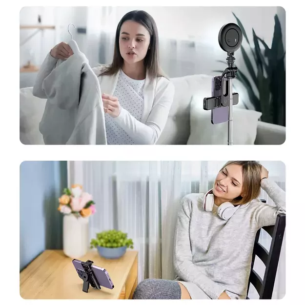 Selfie stick WC13YDS telescopic tripod 1.3m with double lamp and phone holder - black 34