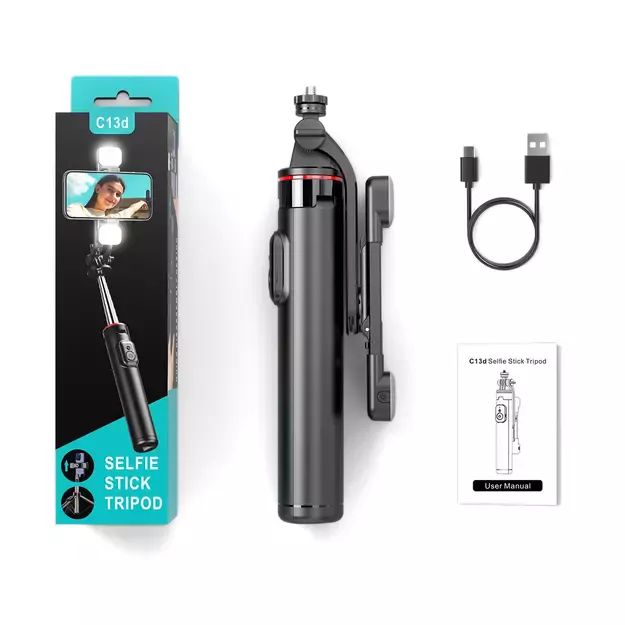 Selfie stick WC13YDS telescopic tripod 1.3m with double lamp and phone holder - black 28
