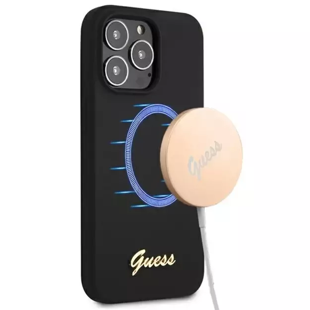 Guess GUHMP13XLSLMGBK iPhone 13 Pro Max 6.7  black/black hardcase Silicone Script Gold Logo MagSafe