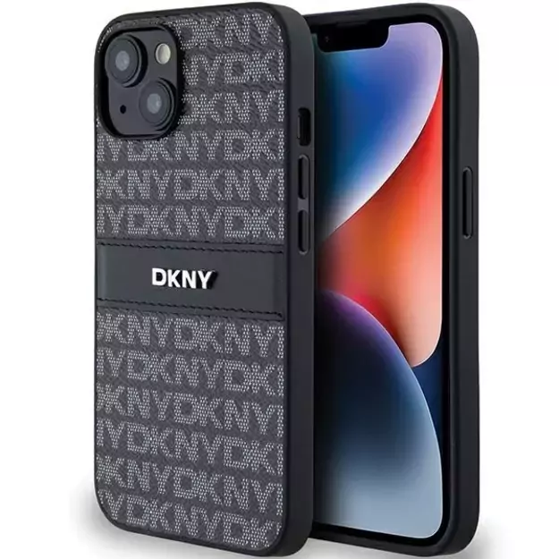 DKNY Leather Mono Stripe &amp  Metal Logo Case for iPhone 15/14/13 - Black