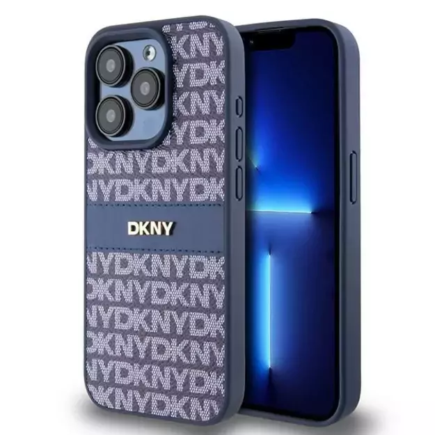 DKNY Leather Mono Stripe &amp  Metal Logo case for iPhone 15 Pro - blue