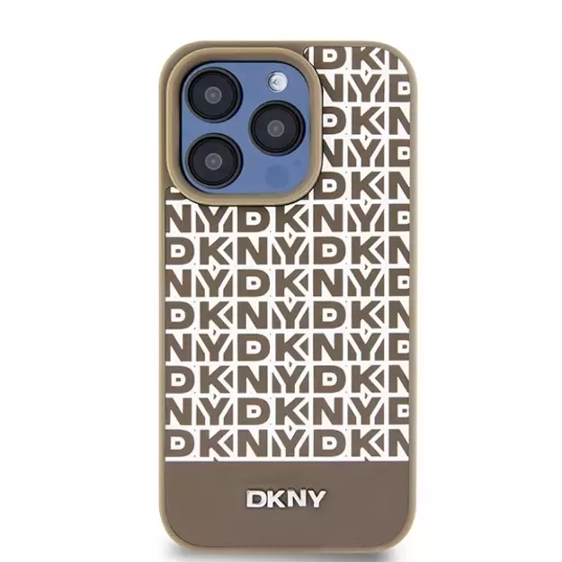 DKNY Leather Printed Pattern Metal Logo MagSafe Case for iPhone 15 Pro Max - Brown 2