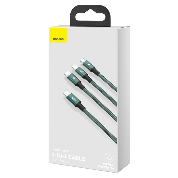 Baseus Rapid Series 3in1 USB-C - USB-C / Lightning / micro USB cable 20W PD 1.5m - green 4