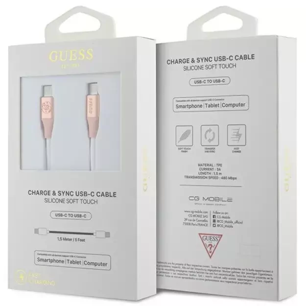 Guess Ebossed Logo USB-C / USB-C Cable 1.5m Fast Charging - Pink 1